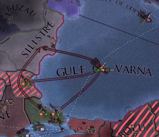4k部队能通过陆地移动到Silistre，因为它刚从船上下来并且因此有回归省份Gulf of Varna，那相邻Silistre。另外两个单位在从船上卸下之后反倒离开Constantinople并且因此有回归省份Constantinople，于是不能通过陆地移动到Silistre。