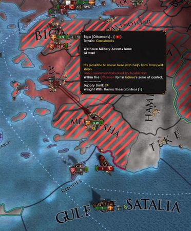 当回归省份是Gulf of Satalia取代了Aegean Sea时，不再能移动自Mentesha直到Morea，而只能到Aydyn，由于省份不穿过控制区省份就不可达。