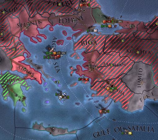 能完全沿着海岸线移动从Mentesha到Morea，因为所有那些省份相邻回归省份Aegean Sea，而且路径上的要塞相邻回归省份Aegean Sea（要塞规则适用于移动进入要塞）。