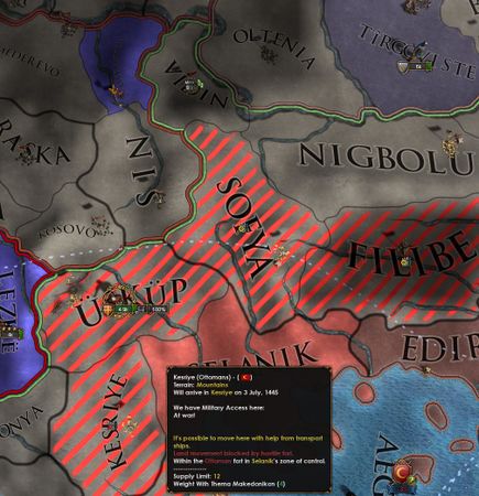 移动在Üsküp和Kesriye之间经过Serbia（但是不经过Albania）是不可能的，因为没有路径自回归省份Vidin到Kesriye不穿过一个控制区省份。