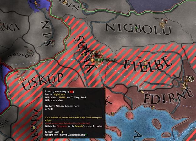 移动在Sofya和Üsküp之间（没有经过Serbia）是不可能的，因为没有路径自回归省份Nigbolu到Üsküp不穿过一个控制区省份或者一个无法军事通行的省份。