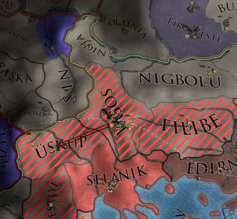 移动在Sofya和Üsküp（途径Serbia）之间是可能的，因为Üsküp是距离2自回归省份Vidin（穿过Nis）。